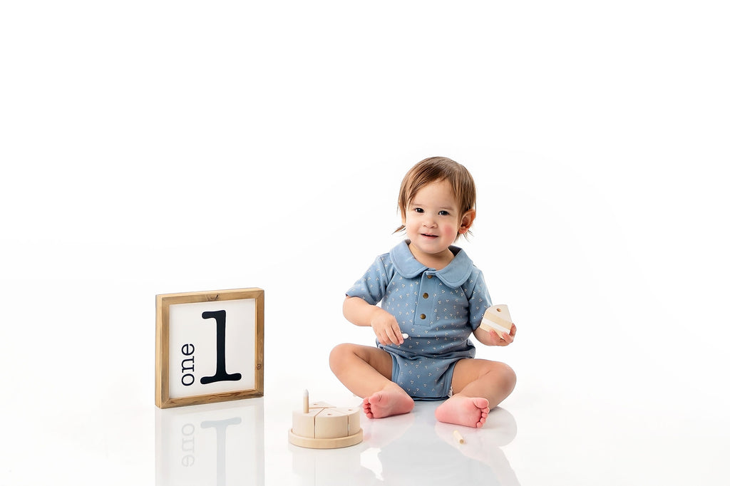 one year old boy sitting next to a framed #1 and a wooden cake puzzle in front of him